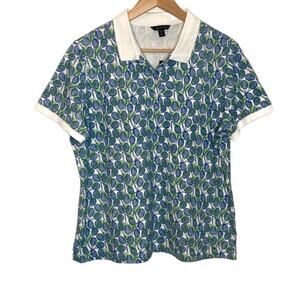 Lands' End Women's Short Sleeve Polo Top Size LP Blue Tennis Rackets Print